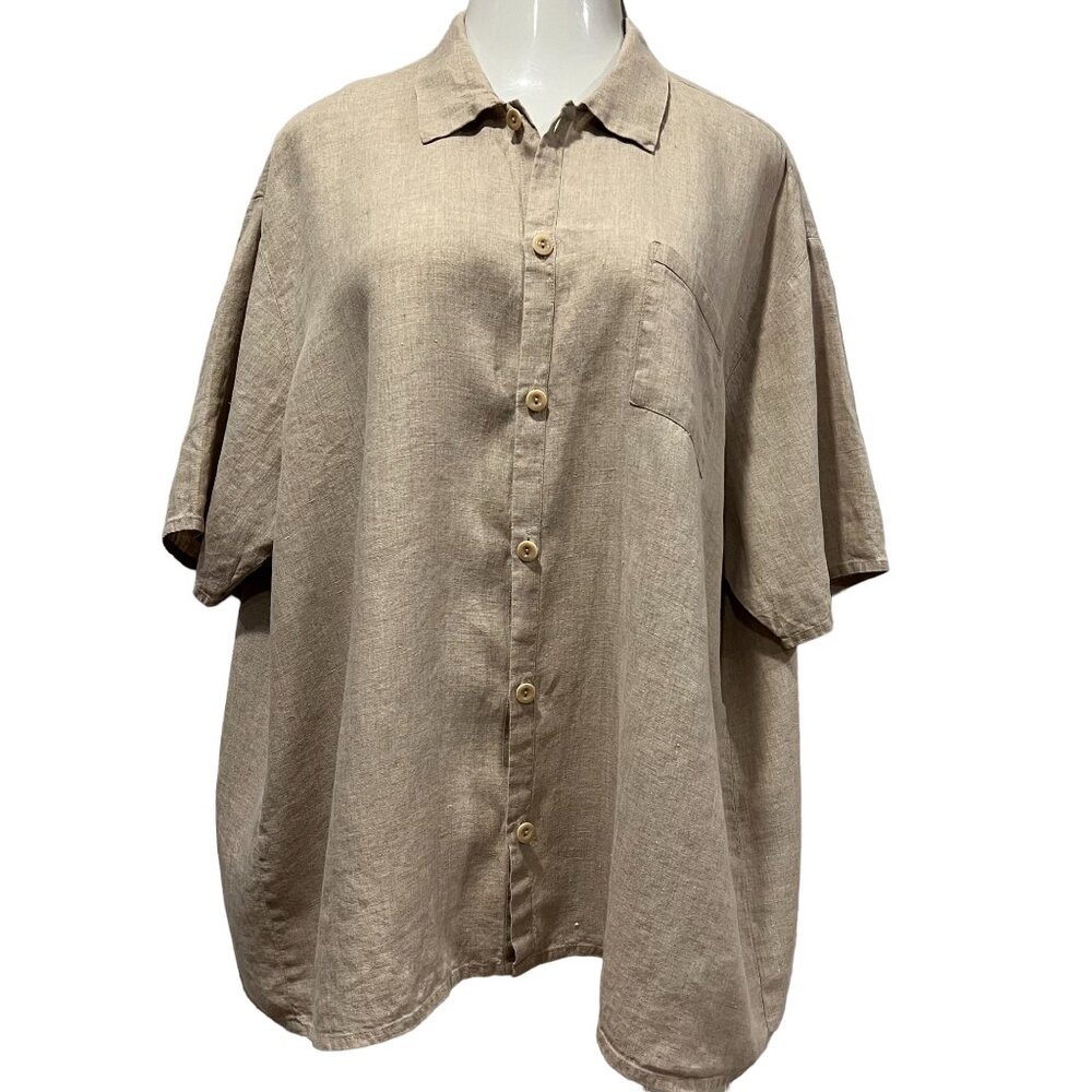 FLAX Linen Oversized Boxy Camp Shirt, Beige, L